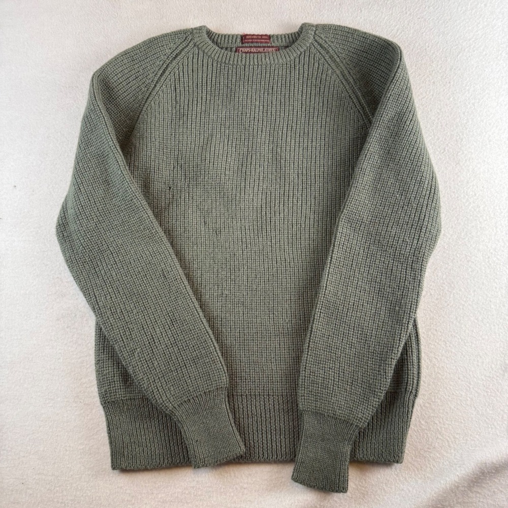 Chaps Ralph Lauren Mens M Olive Green Worsted Wool Shaker Knit Crewneck Sweater